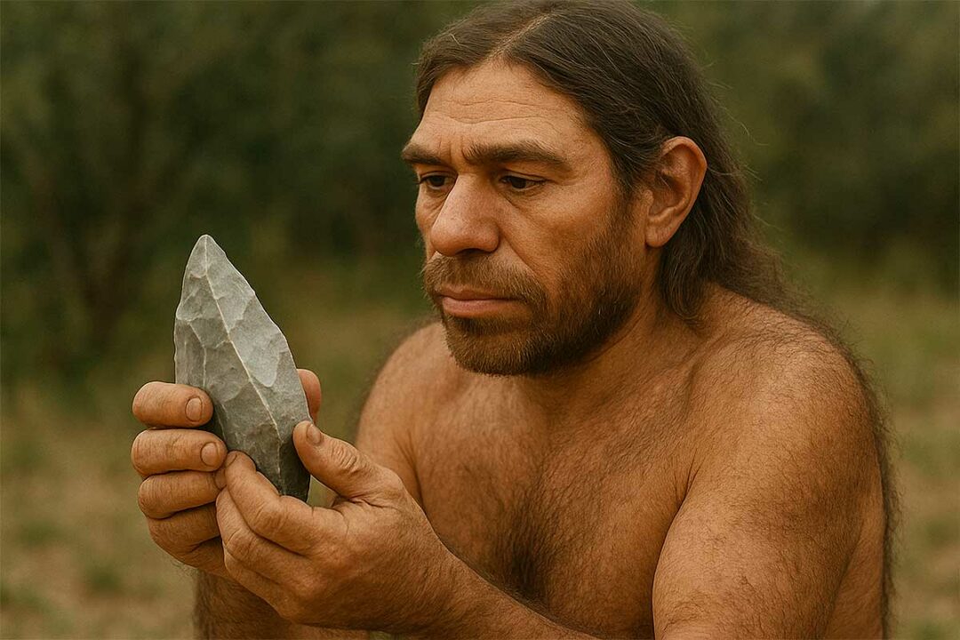 Un hominidé préhistorique tenant un silex dans les mains.