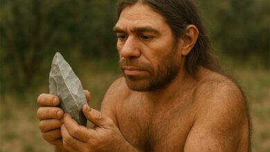 Un hominidé préhistorique tenant un silex dans les mains.