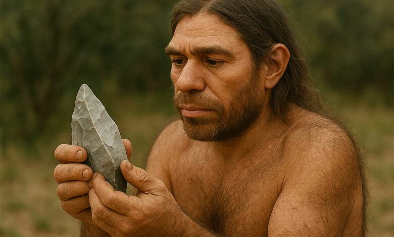 Un hominidé préhistorique tenant un silex dans les mains.