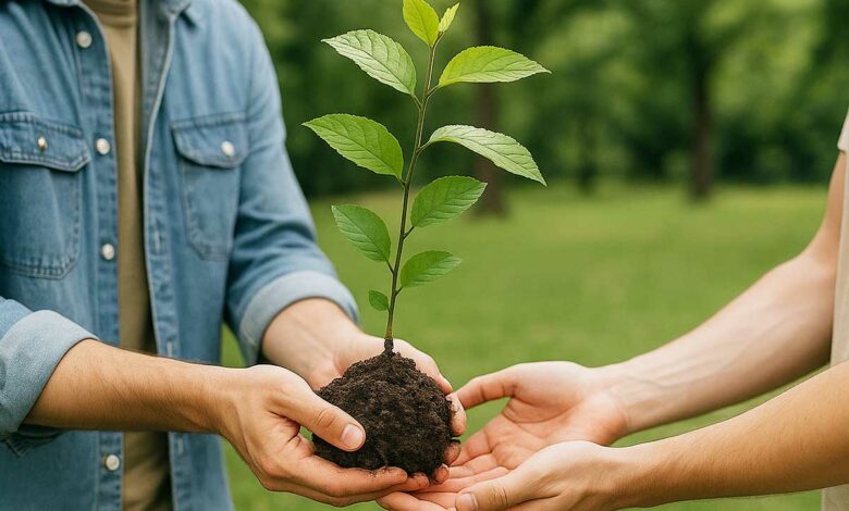 Une personne donne un jeune arbre à une autre.