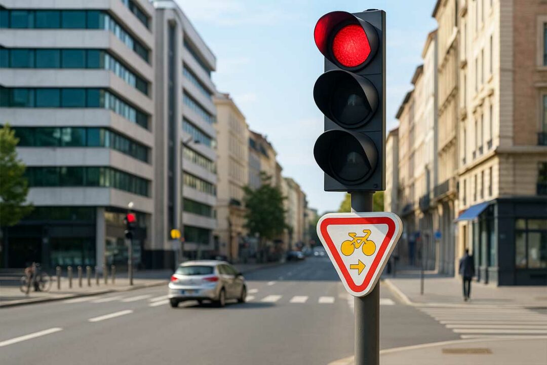 Un feu de circulation avec un panneau M12.