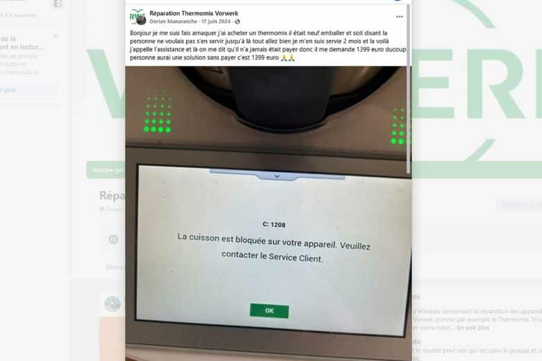 Une publication Facebook à propos d'une arnaque de vente d'un Thermomix.