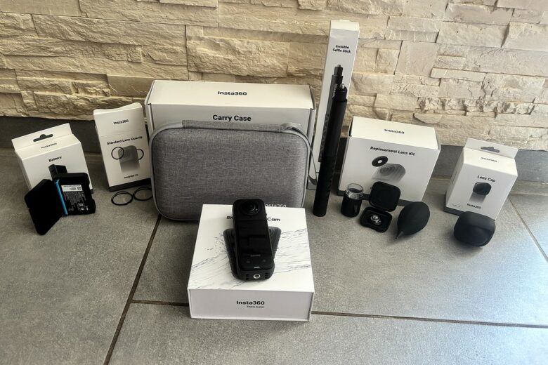 La Caméra Insta360 X5 est livrée avec un pack complet d’accessoires essentiels pour filmer en toutes situations.