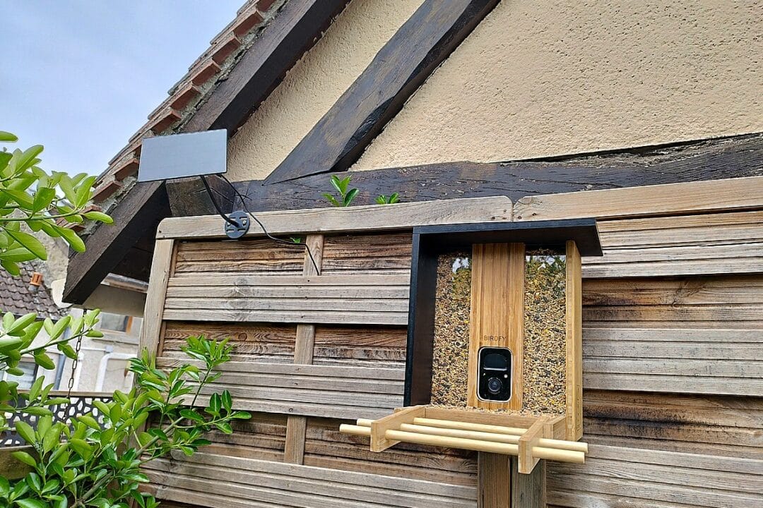 Installation extérieure réussie : la mangeoire connectée Birdfy en bambou fixée au jardin avec son panneau solaire orienté plein sud.
