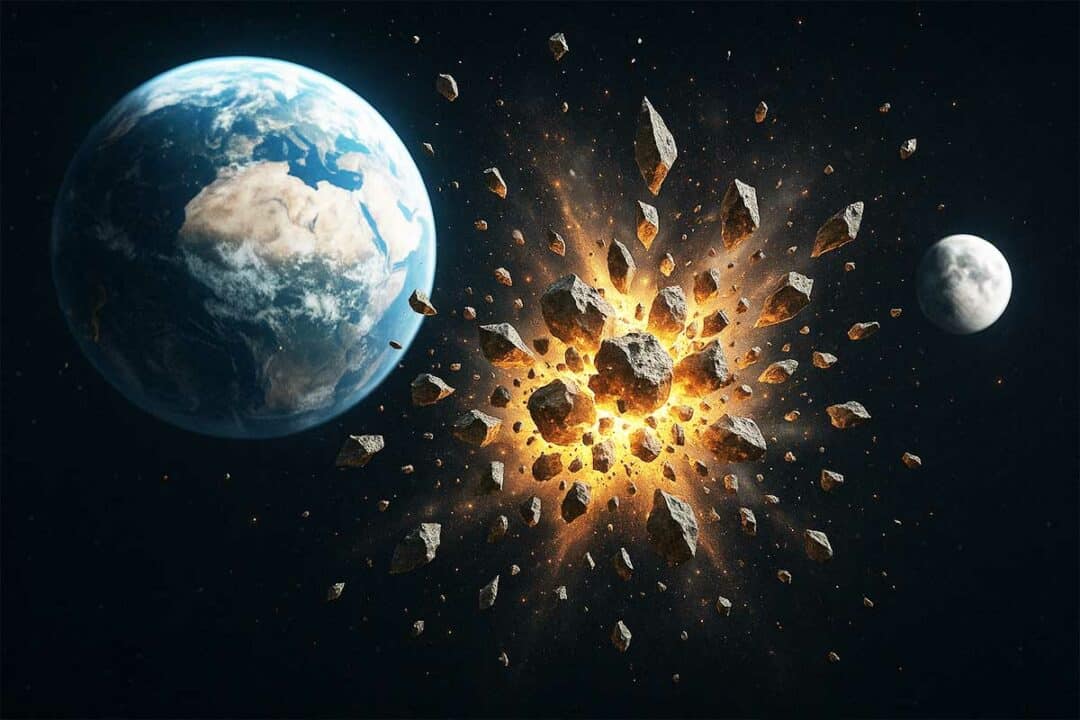 Un astéroïde explose dans l'espace.