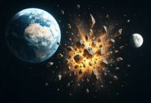 Un astéroïde explose dans l'espace.
