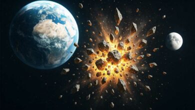 Un astéroïde explose dans l'espace.