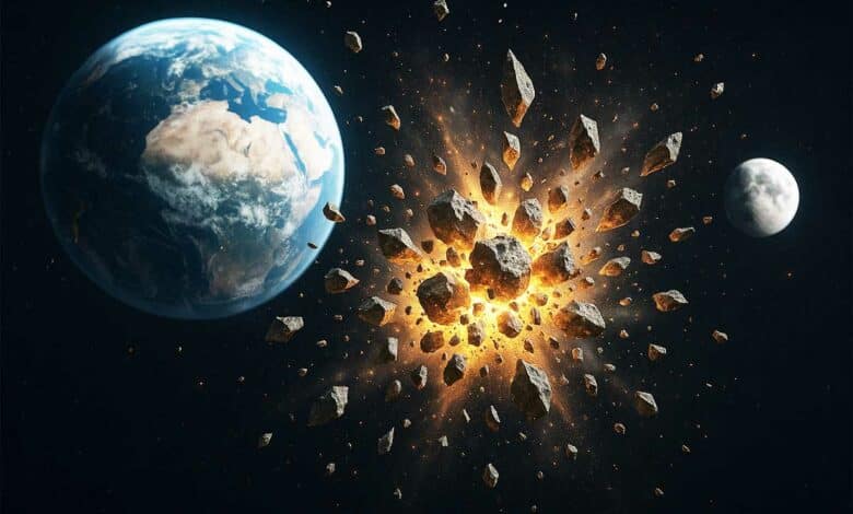 Un astéroïde explose dans l'espace.