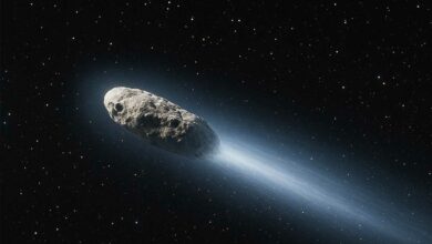 Un objet ressemblant à une comète traverse l'espace.
