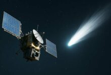 Une sonde spatiale observe une comète.
