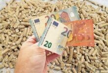 De l'argent devant des pellets de bois.