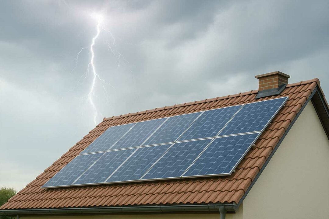 Un toit équipé de panneaux solaires lors d'un orage.