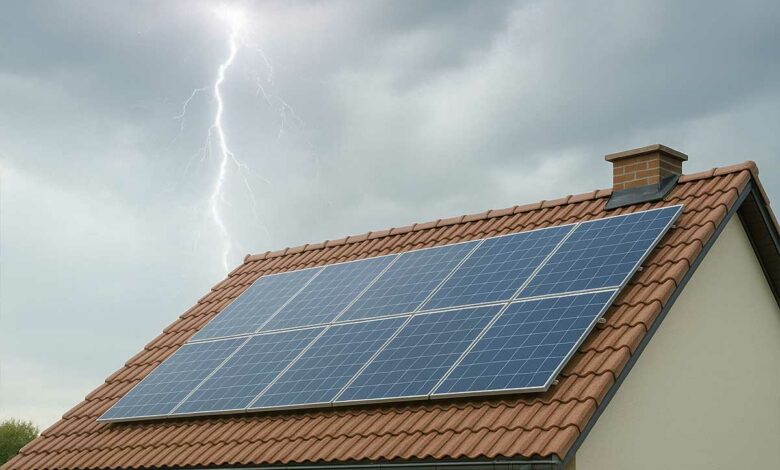 Un toit équipé de panneaux solaires lors d'un orage.