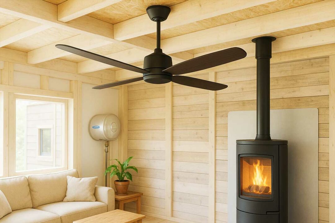 Un ventilateur de plafond dans un logement bardé de bois.