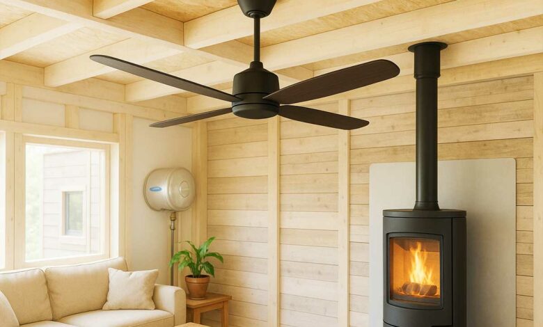 Un ventilateur de plafond dans un logement bardé de bois.