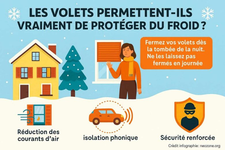 Infographie : comment fermer ses volets aide réellement à protéger votre maison du froid, à réduire les courants d’air et à améliorer votre confort thermique.