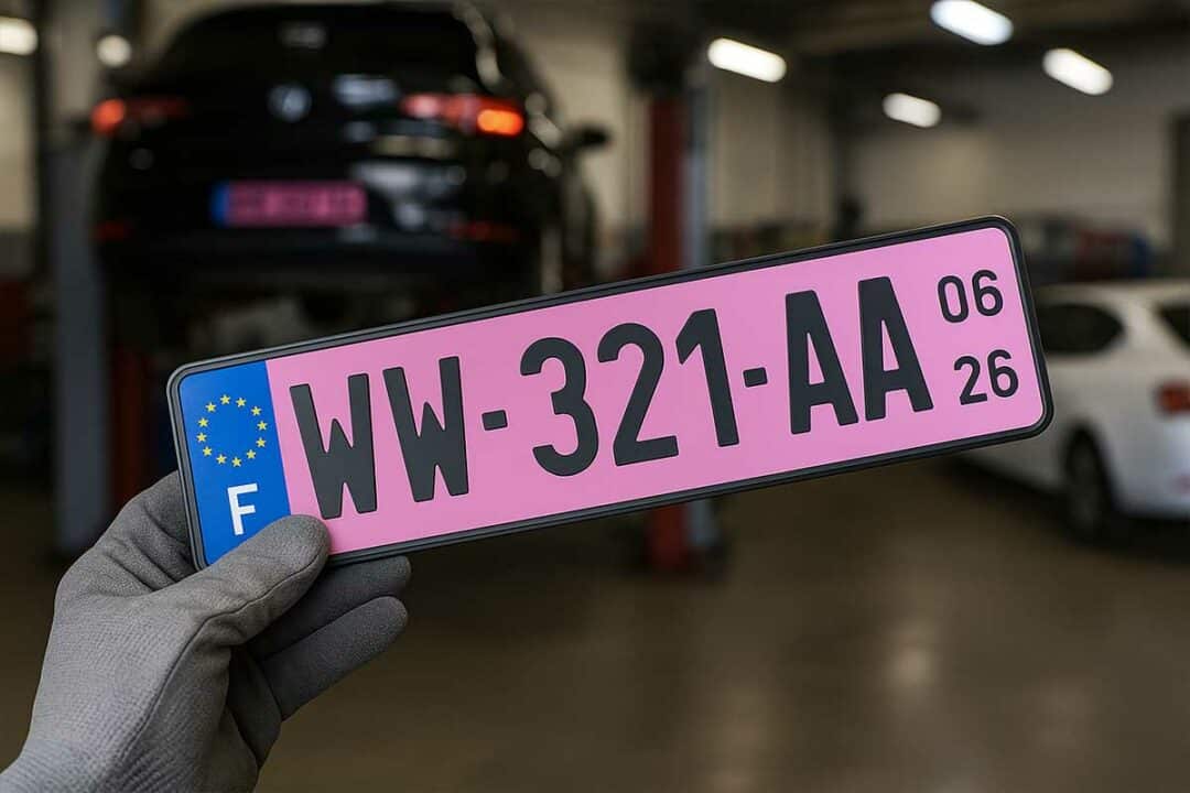 Une plaque d'immatriculation sur fond rose.