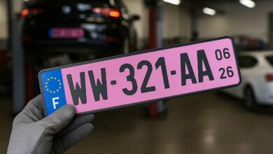 Une plaque d'immatriculation sur fond rose.