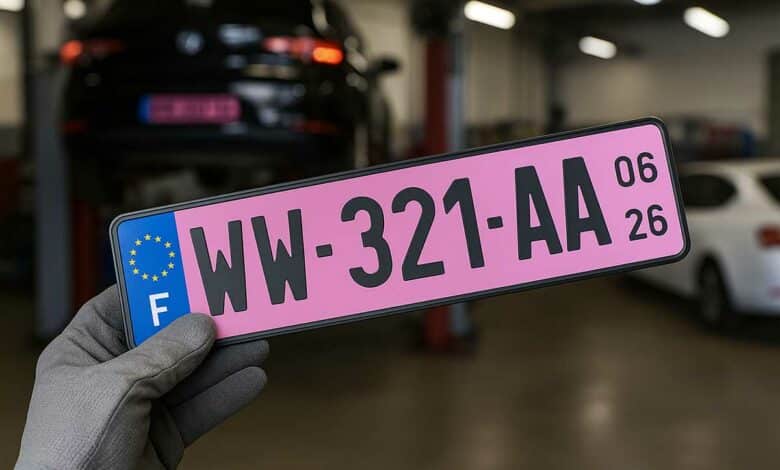 Une plaque d'immatriculation sur fond rose.