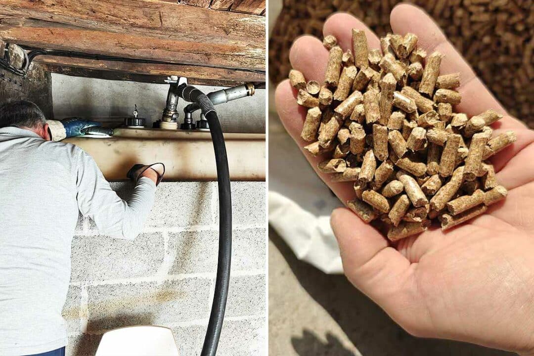 Remplissage d'une cuve de fioul et des granulés de bois.