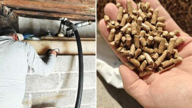 Remplissage d'une cuve de fioul et des granulés de bois.