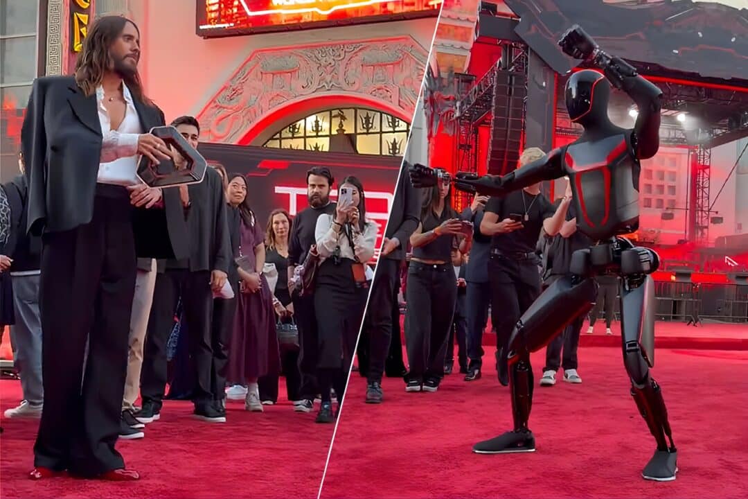 Jared Leto fait face à Tesla Optimus lors d'une avant-première du film Tron.