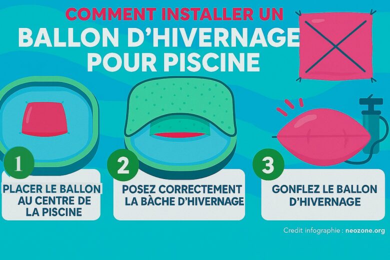 Infographie : les 3 étapes simples pour installer correctement un ballon d’hivernage et protéger votre piscine tout l’hiver.