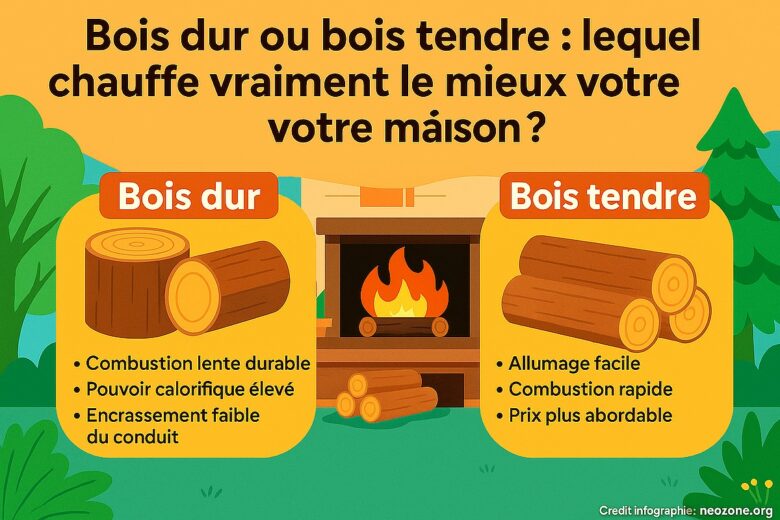 Infographie : bois dur ou bois tendre, chaque essence a ses avantages — le premier chauffe longtemps, le second démarre vite !