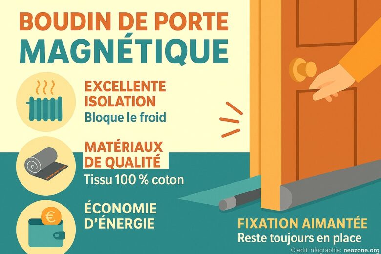 Infographie : les atouts du boudin de porte magnétique pour bloquer le froid, réduire les pertes de chaleur et faire baisser la facture de chauffage.