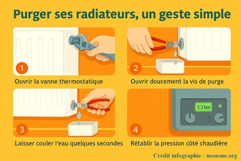 Infographie : les 4 étapes essentielles pour bien purger vos radiateurs et améliorer l’efficacité de votre chauffage.