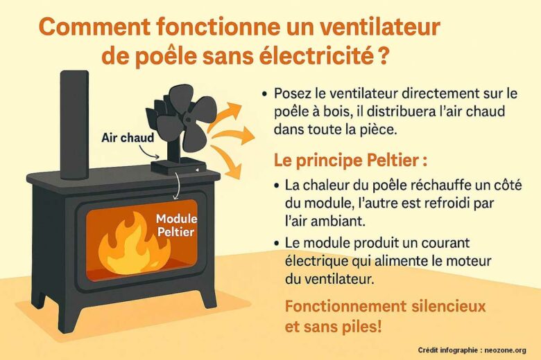 Infographie : comprendre en un coup d’œil le fonctionnement silencieux et autonome d’un ventilateur de poêle sans électricité grâce au module Peltier.