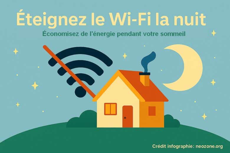 Infographie : couper le Wi-Fi la nuit, un geste simple pour économiser de l’énergie et améliorer la qualité de votre sommeil.