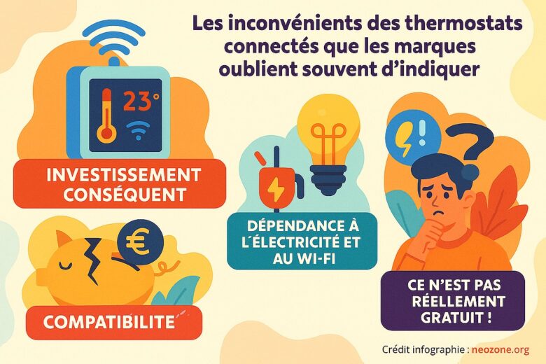 Infographie : les principaux inconvénients des thermostats connectés : coût, dépendance au Wi-Fi, compatibilité limitée et fausse gratuité liée à l’effacement diffus.