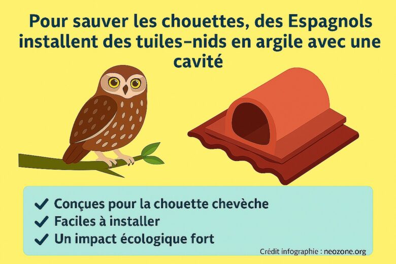 Infographie : des tuiles-nids en argile installées en Espagne offrent un refuge sûr aux chouettes chevêches et favorisent la biodiversité agricole.