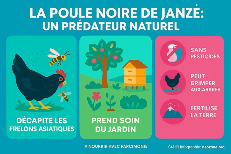 Infographie : la poule noire de Janzé, alliée naturelle contre le frelon asiatique : efficace à condition d’être bien logée et nourrie avec parcimonie.