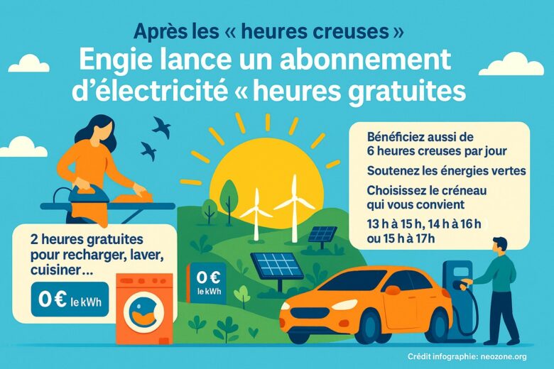 Infographie : l’offre « Happy Heures Vertes » d’Engie permet de profiter de deux heures d’électricité gratuites chaque jour tout en soutenant les énergies renouvelables.