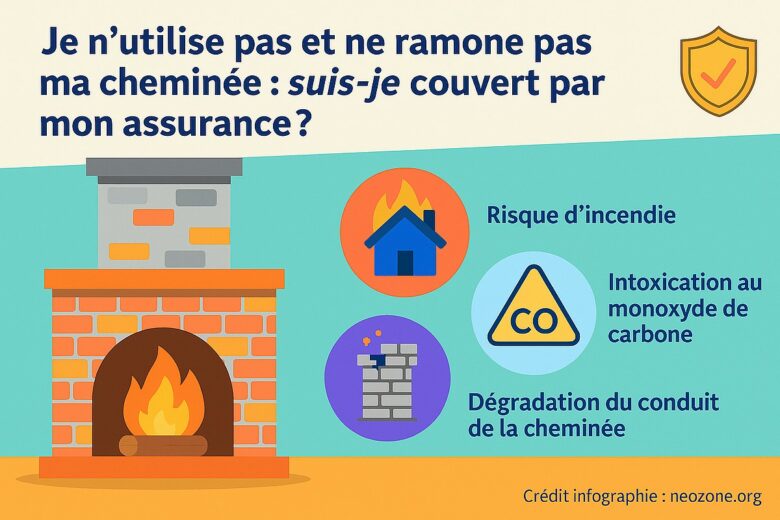 Infographie : que votre cheminée soit utilisée ou non, le ramonage reste obligatoire pour éviter incendies, amendes et refus d’indemnisation par l’assurance.