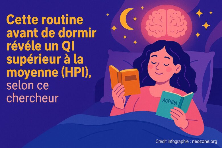 Infographie : les personnes à haut potentiel intellectuel (HPI) ont souvent une routine du soir active (lecture, réflexion, planification) avant de trouver le sommeil.