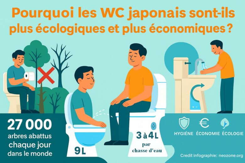 Infographie : les toilettes japonaises, une révolution écologique et économique qui réduit l’eau gaspillée et préserve des milliers d’arbres chaque jour.