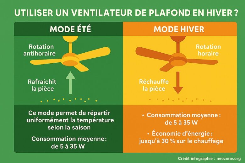 Infographie : comment utiliser un ventilateur de plafond en hiver pour économiser jusqu’à 30 % sur sa facture de chauffage.