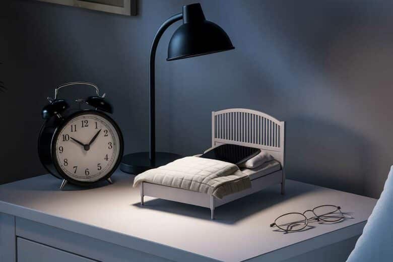 Un smartphone dans un lit sur la table de nuit.