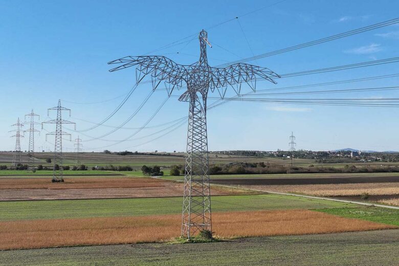 Un pylône électrique en forme de cigogne.