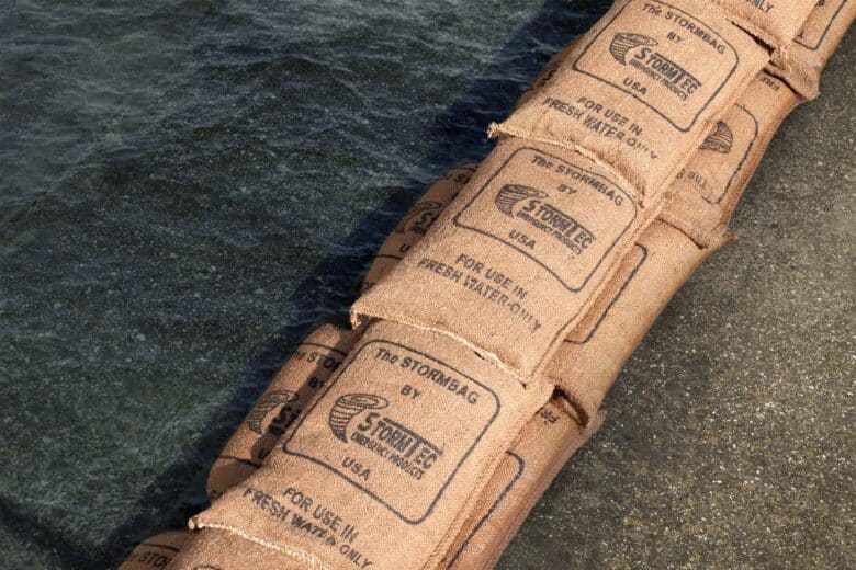 Une barrière formée avec des sacs pour retenir l'eau.