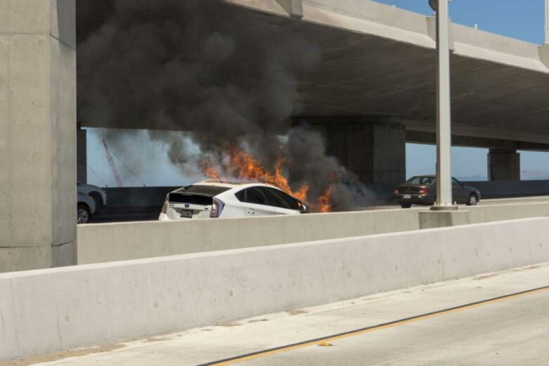 Une voiture électrique en feu suite à un accident.