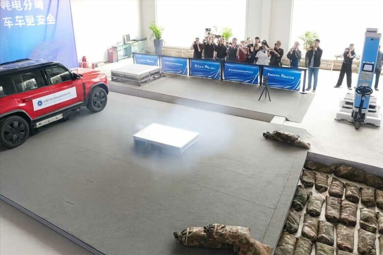 Une voiture électrique éjecte sa batterie suite à un départ d'incendie.
