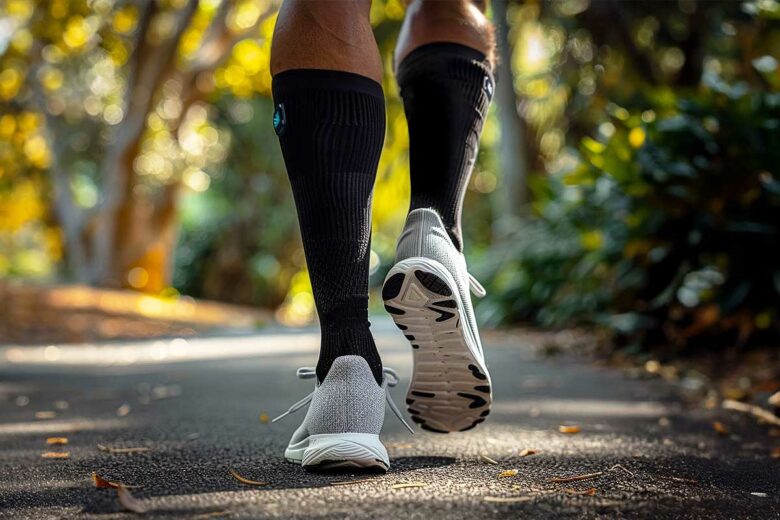 Un homme qui court porte les chaussettes intelligentes.