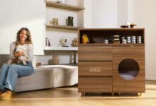 Une litière automatisée dans un meuble.