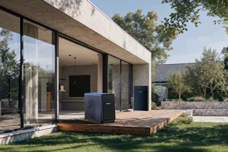 Une pompe à chaleur dans le jardin.