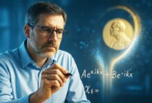 Un homme écrit une formule physique avec le Nobel en fond.