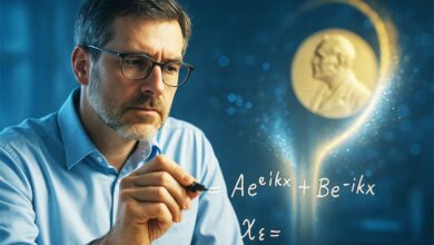 Un homme écrit une formule physique avec le Nobel en fond.